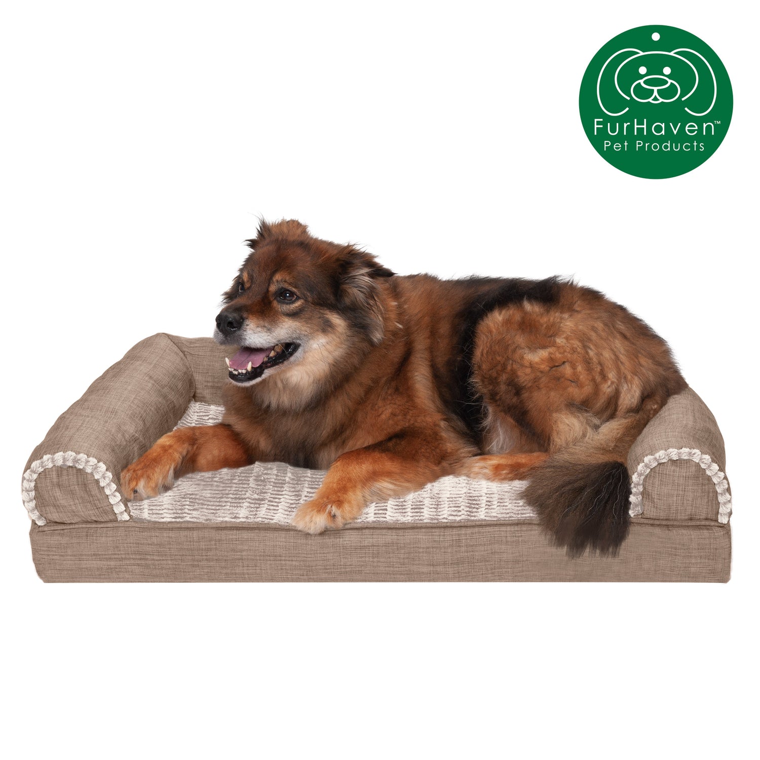 Furhaven Pet Products Cooling Gel Memory Foam Orthopedic Luxe Fur & Performance Linen Sofa-Style Couch Pet Bed for Dogs & Cats, Woodsmoke, Jumbo Animals & Pet Supplies > Pet Supplies > Cat Supplies > Cat Beds FurHaven Pet Cooling Gel Foam L Woodsmoke