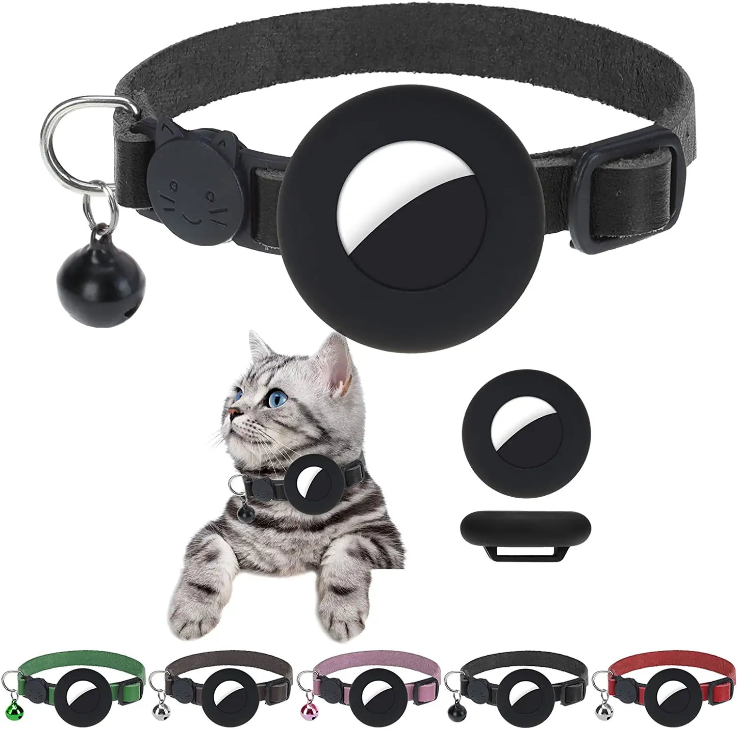 DILLYBUD Airtag Cat Collar Holder 2 Pack Reflective Air Tag Cat Collars Breakaway with Bell, Silicone Waterproof Airtag Case Compatible with Apple Airtag for Small Pets Puppy Kitten Electronics > GPS Accessories > GPS Cases DILLYBUD Solid Black Leather 