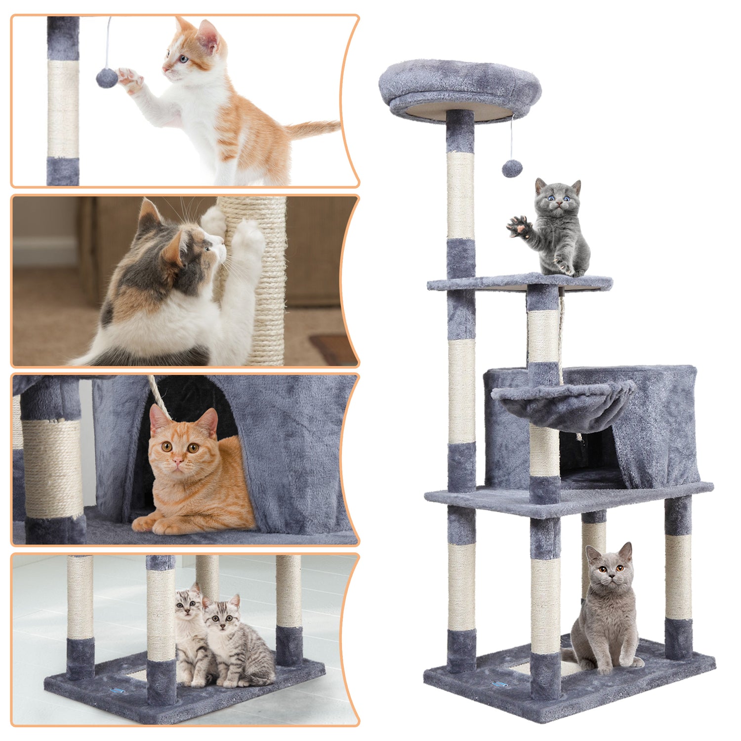 Coziwow 60" Cat Tree&Condo Scratching Post Tower Pet Kitten Play House Furniture Scratching Post,Light Gray