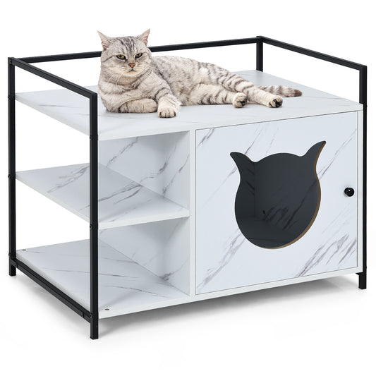 Costway Cat Litter Box Enclosure Hidden Litter Furniture Cabinet W/ 2-Tier Storage Shelf Animals & Pet Supplies > Pet Supplies > Cat Supplies > Cat Furniture Costway Marble White  