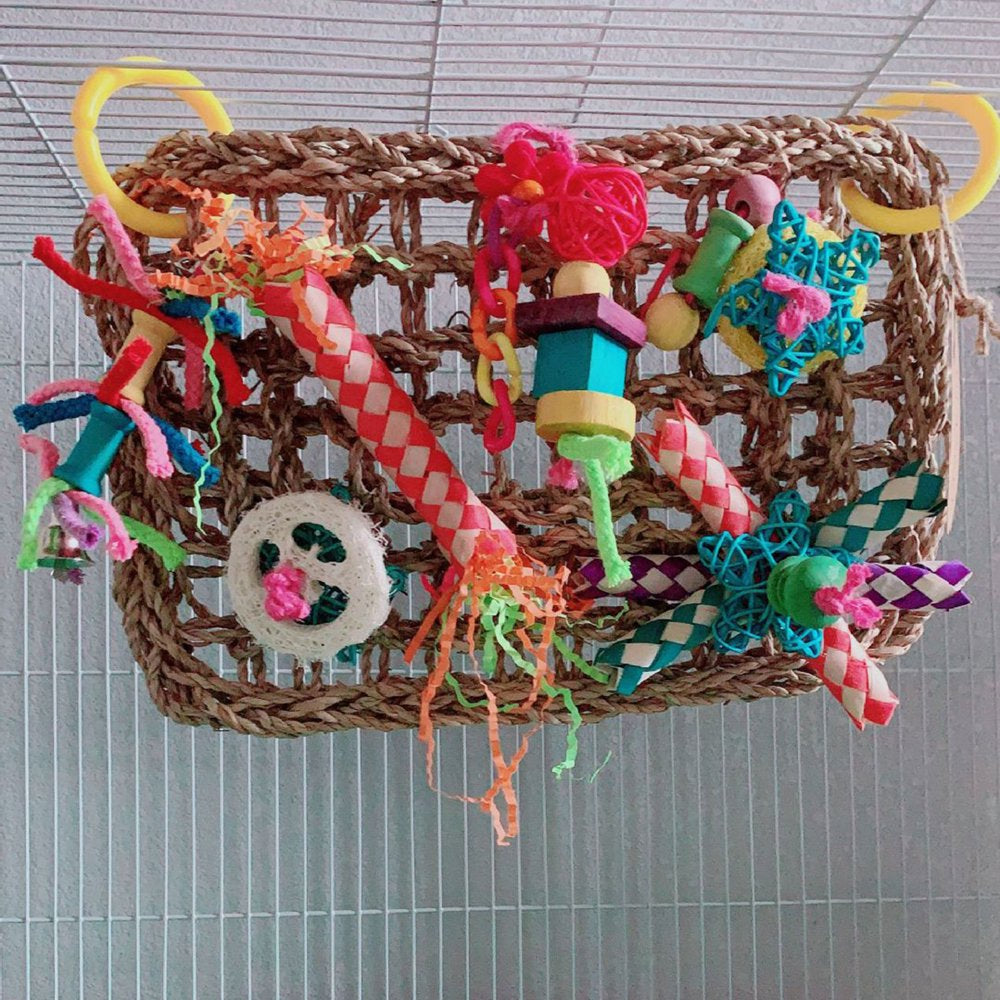 Bird Foraging Wall Toy Seagrass Woven Mat with Colorful Wooden Blocks Chew Toys Animals & Pet Supplies > Pet Supplies > Bird Supplies > Bird Toys MINIPI   