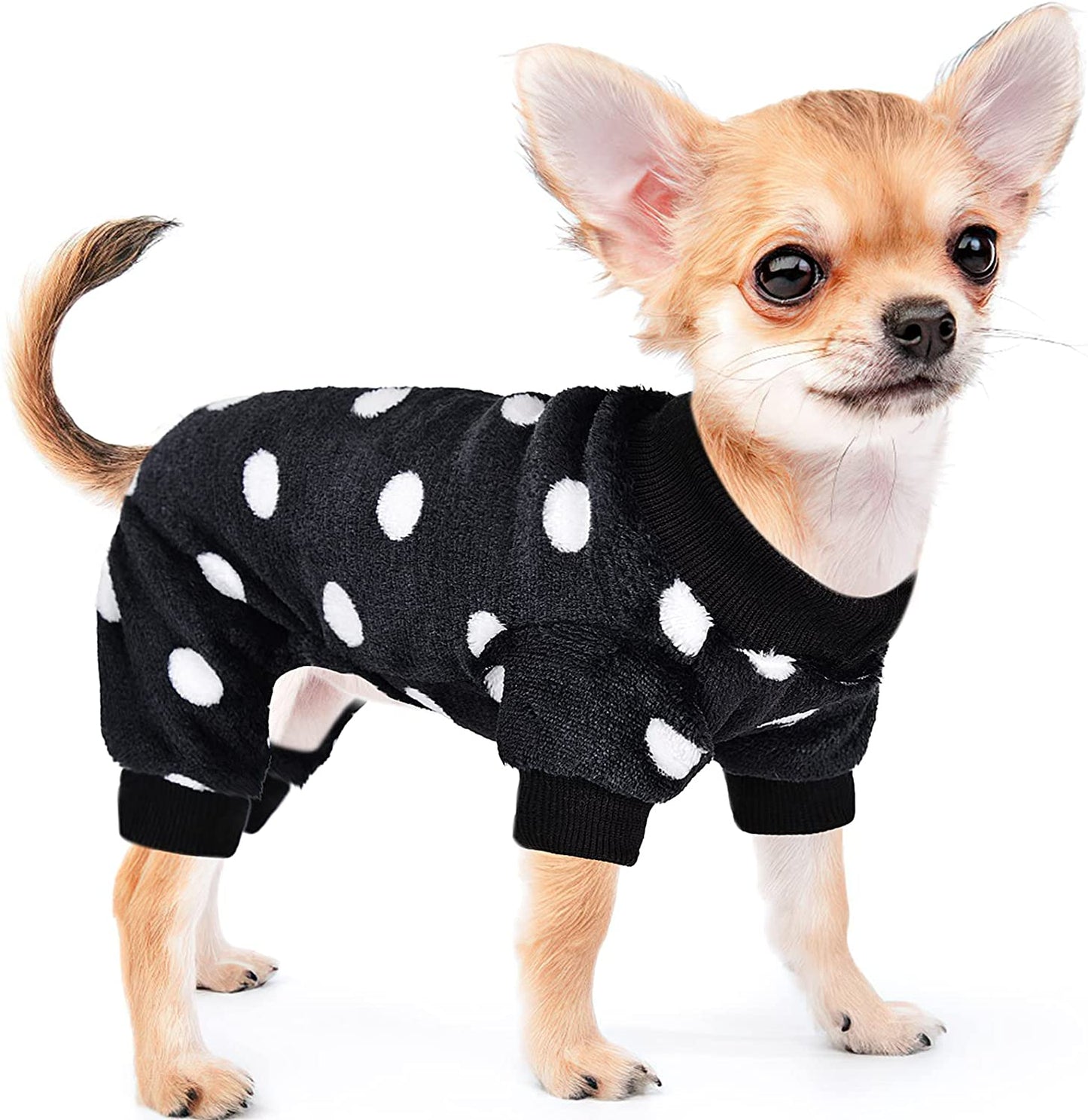 Chihuahua Pajamas for Dogs Small Puppy Pjs Fleece Winter Warm Dog Jumpsuit Cute Pet Clothes Tiny Dog Sweater Clothing Yorkie Teacup Outfits (X-Small) Animals & Pet Supplies > Pet Supplies > Dog Supplies > Dog Apparel Sebaoyu Polka dot black Large/(6.6-9.35 lb) 