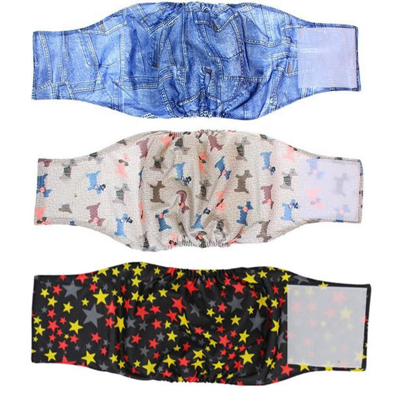 Genwiss 3 Pack Male Dog Diaper Wrap with Gray Lining, Washable Puppy Belly Bands, Super-Absorbent and Comfortable (XL,25"-29" Waist, Black+Gray+Coffee) Animals & Pet Supplies > Pet Supplies > Dog Supplies > Dog Diaper Pads & Liners Genwiss M(13"-16"Waist) Stars+ Denim+ Fat Smile 
