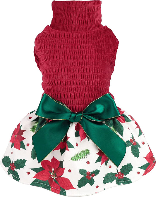 Fitwarm Christmas Poinsettia Flower Dog Costume Dog Christmas Outfits Girl Dog Holiday Dress Lightweight Velvet Turtleneck Puppy Clothes Pet Apparel Doggie One-Piece Cat Clothing Red Small