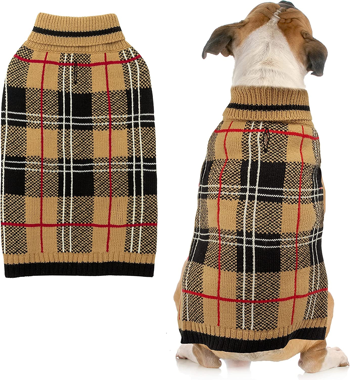 MIMLOB Dog Sweater for Small Medium Large Dogs - Plaid Warm Winter Fall Dog Sweater Vest - Knitted Turtleneck Pullover Cold Weather Dog Clothes with Leash Hole (S-XL) Animals & Pet Supplies > Pet Supplies > Dog Supplies > Dog Apparel MIMLOB S: neck 12"-14", chest 18"-21"  