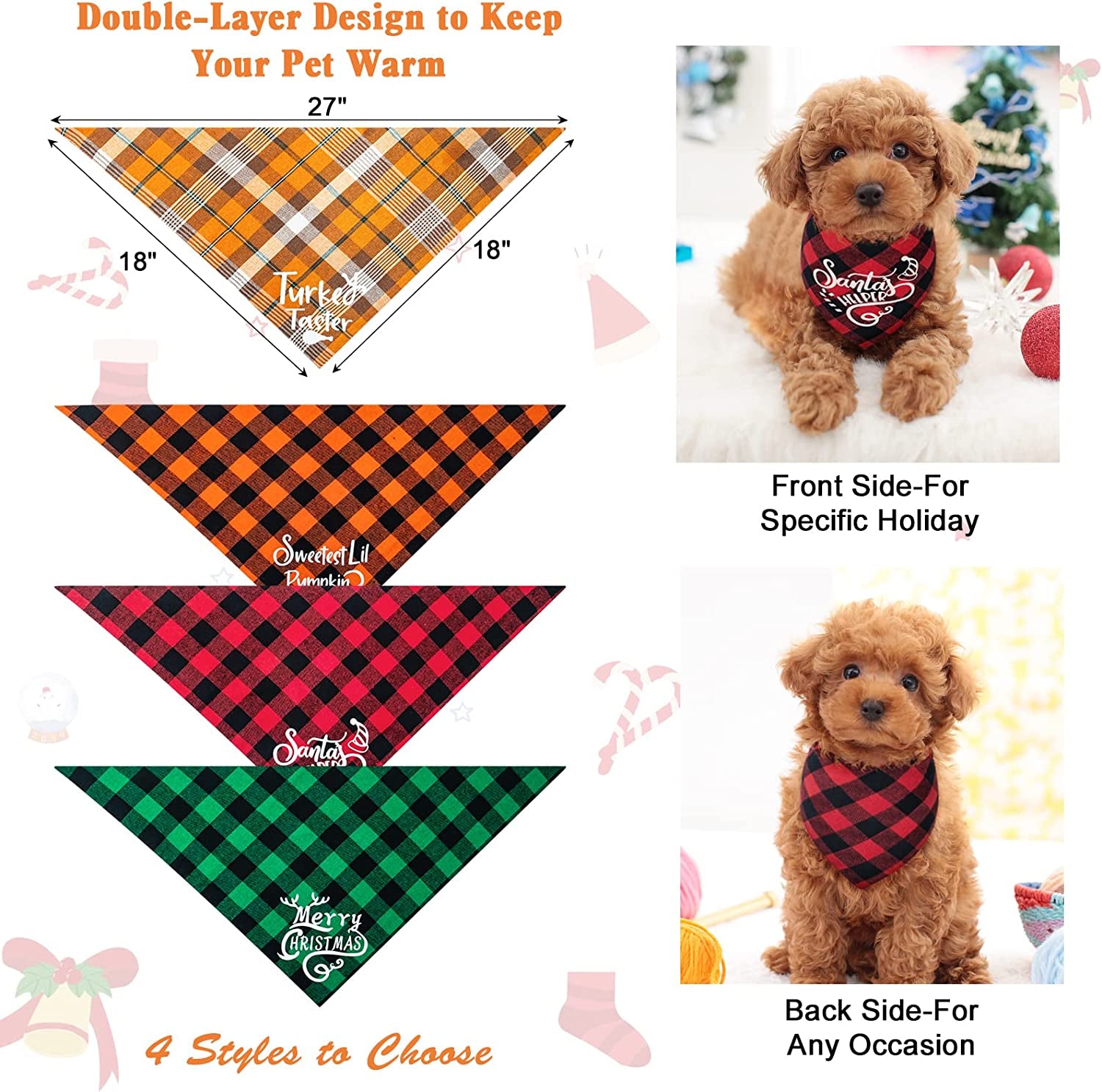 Roberly 4 Pack Holiday Dog Bandanas, Double-Layer Fall Dog Bandana, Autumn Thanksgiving Christmas Dog Bandanas for Small Medium Large Dogs, Triangle Dog Scarf Puppy Costume Bibs Pet Gifts Xmas Decor Animals & Pet Supplies > Pet Supplies > Dog Supplies > Dog Apparel Roberly   