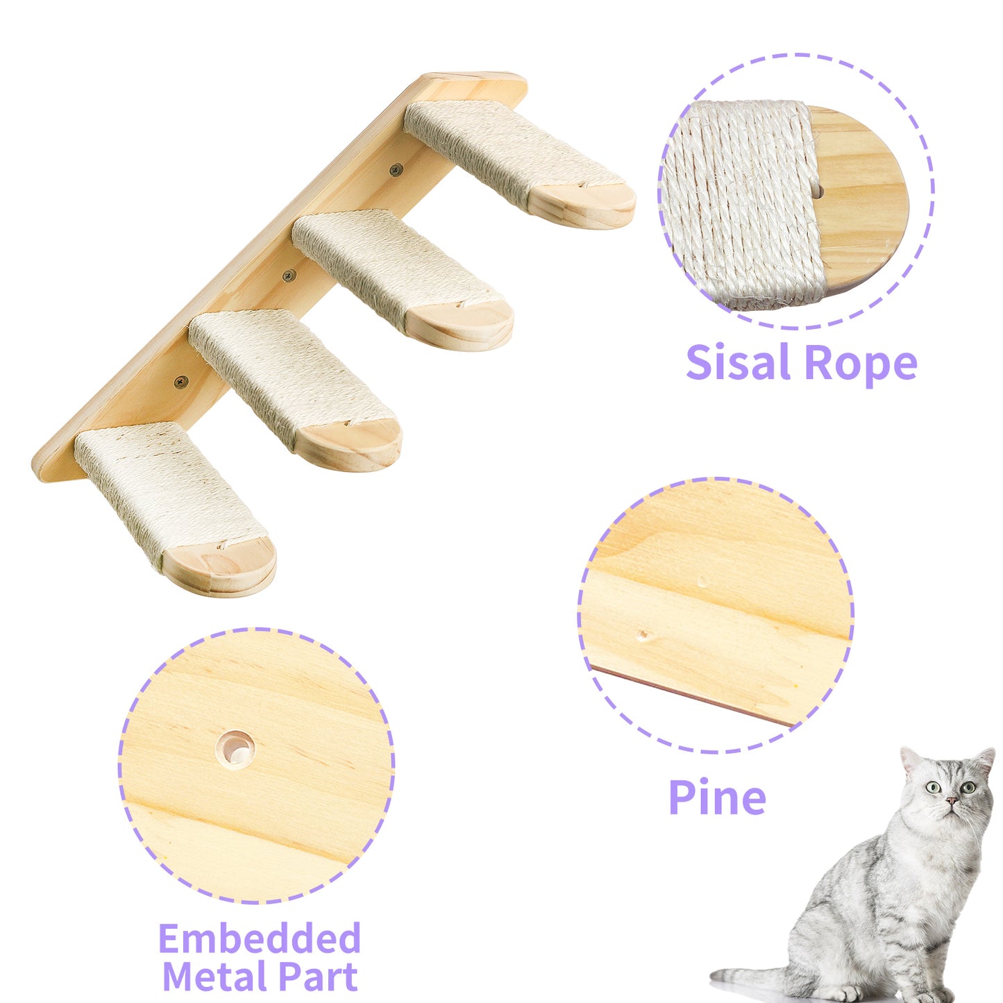 Arkham Pet Cat Climbing Shelf Wall Mounted, 4 Steps Cat Stairway with Sisal Rope Scratching for Cats Perch Platform, Cat Wall Furniture, Reversible Direction Cat Wall Stairs Ladder