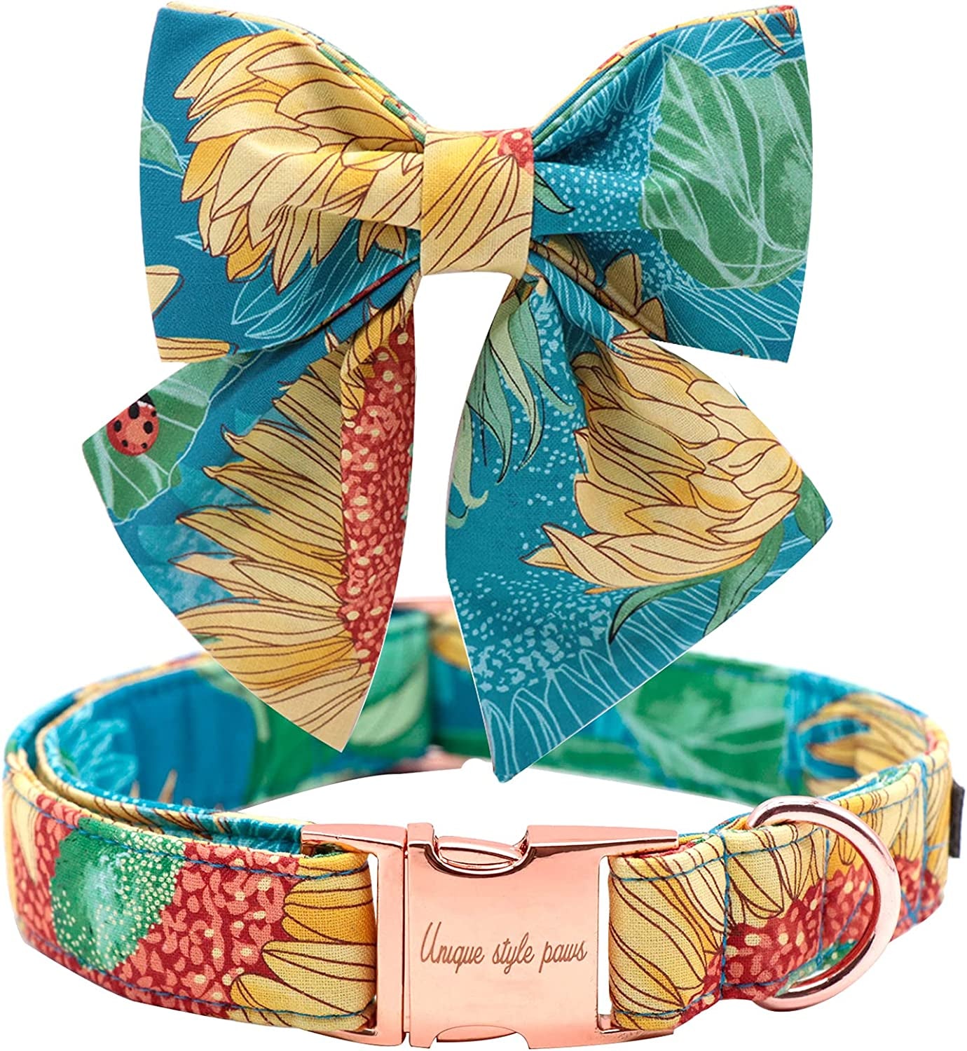 Unique Style Paws Spring Flory Print Dog Collar, Puppy Collar with Bowtie, Adjustable Dog Collar Pet Gift for Small Medium Large Dogs Animals & Pet Supplies > Pet Supplies > Dog Supplies > Dog Apparel Unique style paws A-Blue Sunflower XL 