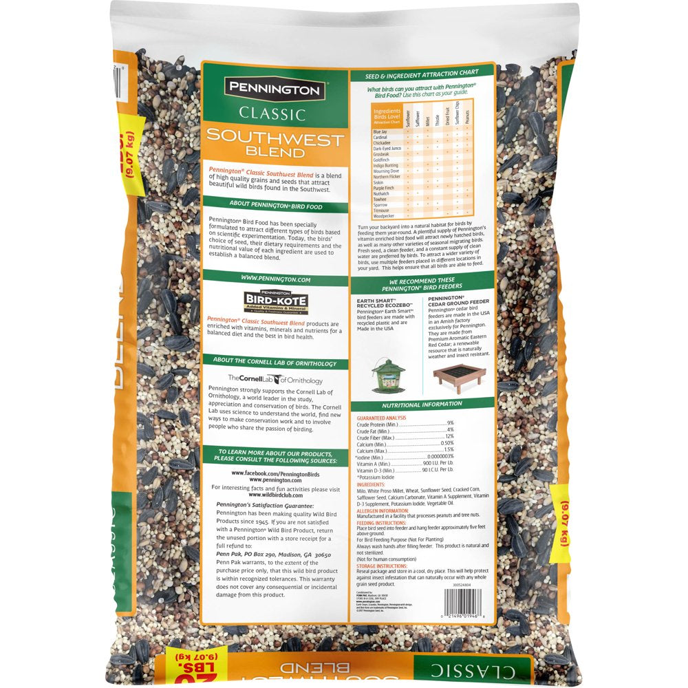 Pennington Southwest Blend Wild Bird Feed and Seed, 20 Lb. Bag Animals & Pet Supplies > Pet Supplies > Bird Supplies > Bird Food CENTRAL GARDEN & PET COMPANY   