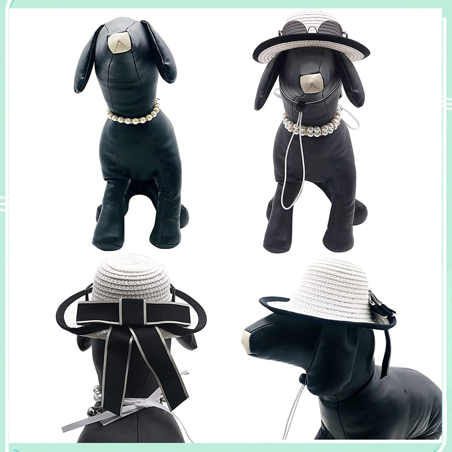 Pai Sence 2Pcs Small Dogs Straw Hat with Big Bows 2Pcs Sunglasses and 2Pcs Faux Pearl Rhinestone Adjustable Necklaces Birthday Party Grooming Sets Photo Props Animals & Pet Supplies > Pet Supplies > Dog Supplies > Dog Apparel Pai Sence   