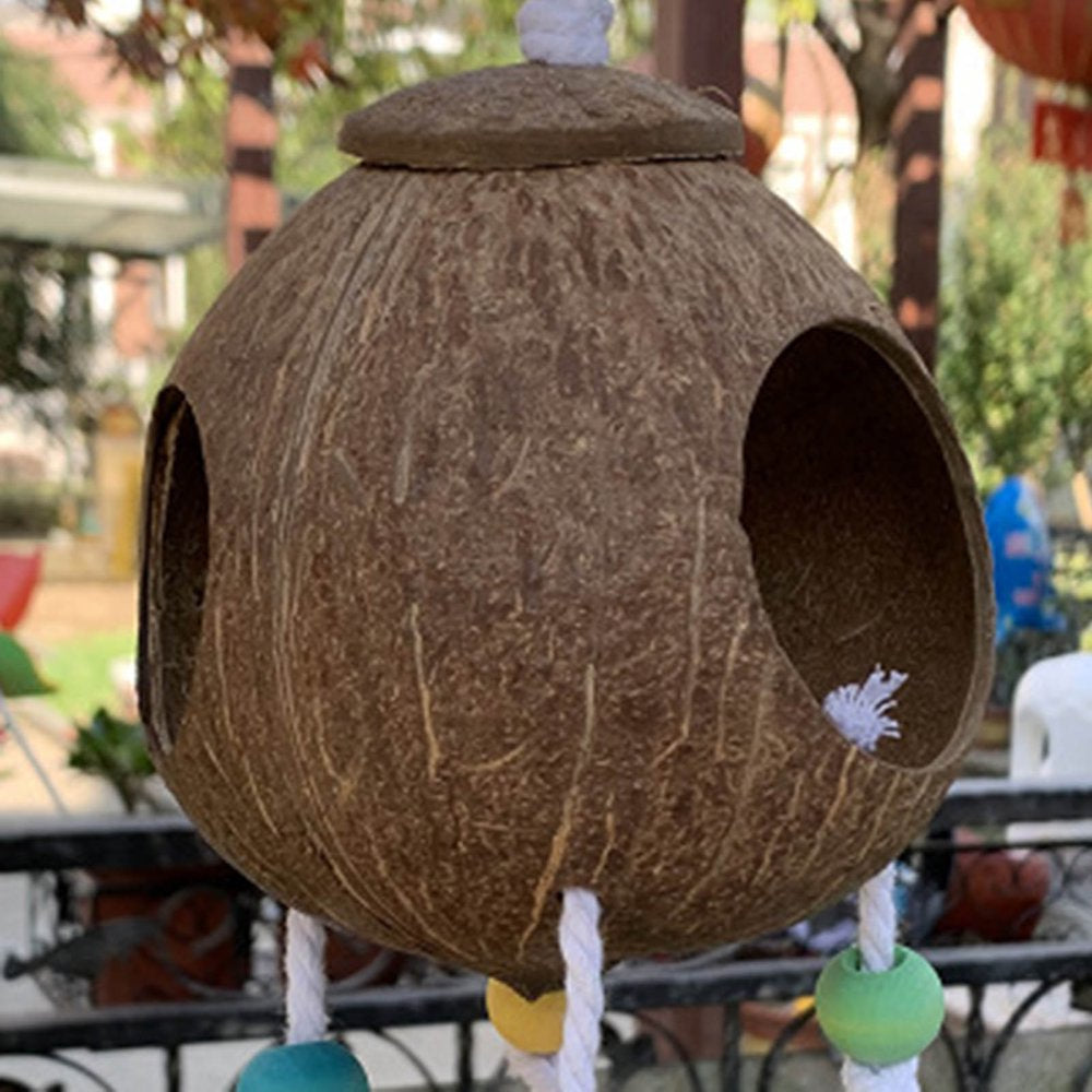 Pet Enjoy Coconut Bird Nest,Creative Parrot Hut House with Block Beads,Parrot Bite Toy with Beads Small Animals House Pet Cage Habitats Decor