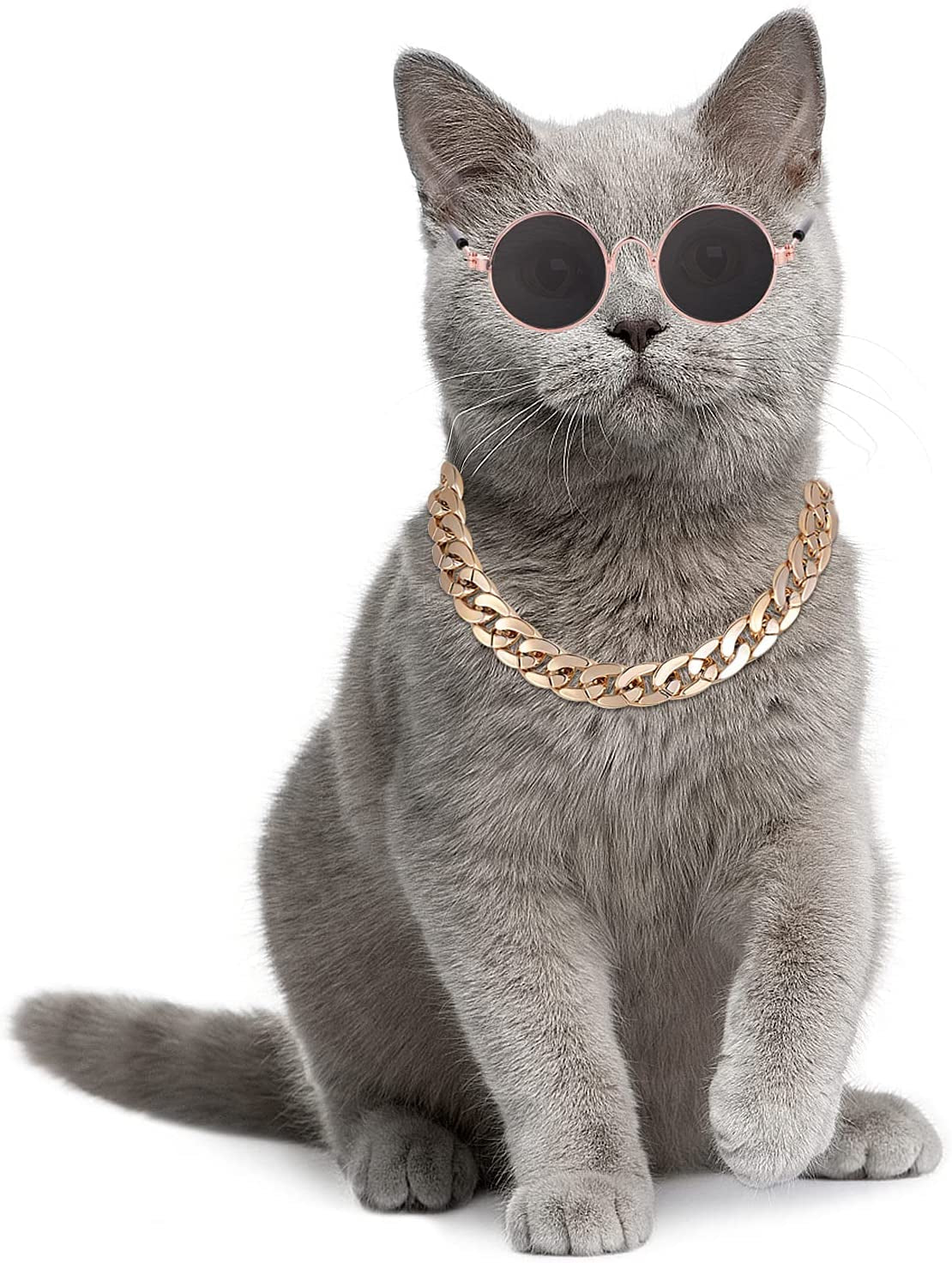 Molain Cat Sunglasses Gold Chain Costume Decorations- Cat UV Protection Classic Retro Puppy Retro Black Sunglasses Faux Rose Gold Adjustable Chain Cosplay Costume Cool Funny Photo Props Animals & Pet Supplies > Pet Supplies > Dog Supplies > Dog Apparel Molain   