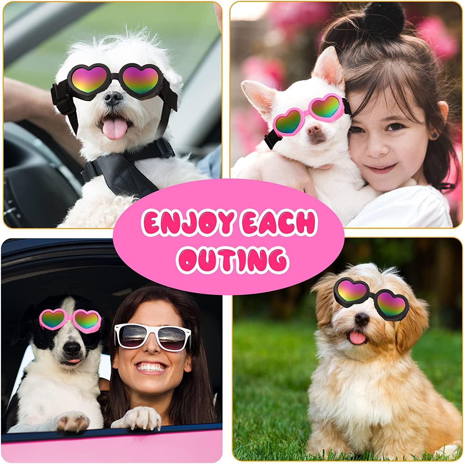 2 Pcs Dog Sunglasses Heart Shape Dog Goggles Small Medium Breed Dog Eye Protection Goggles anti Fog Glasses with Adjustable Strap for Dog Pet Windproof Foldable Eye Wear (Black, Pink) Animals & Pet Supplies > Pet Supplies > Dog Supplies > Dog Apparel Geelin   