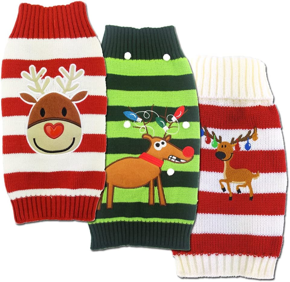 Mikayoo Pet Sweater for Small Dog/Cat,Ugly Sweater,Color Horizontal Stripes,Christmas Holiday Xmas, Elk Series, Reindeer Series,With Lights and Snowball(M) Animals & Pet Supplies > Pet Supplies > Dog Supplies > Dog Apparel ym   