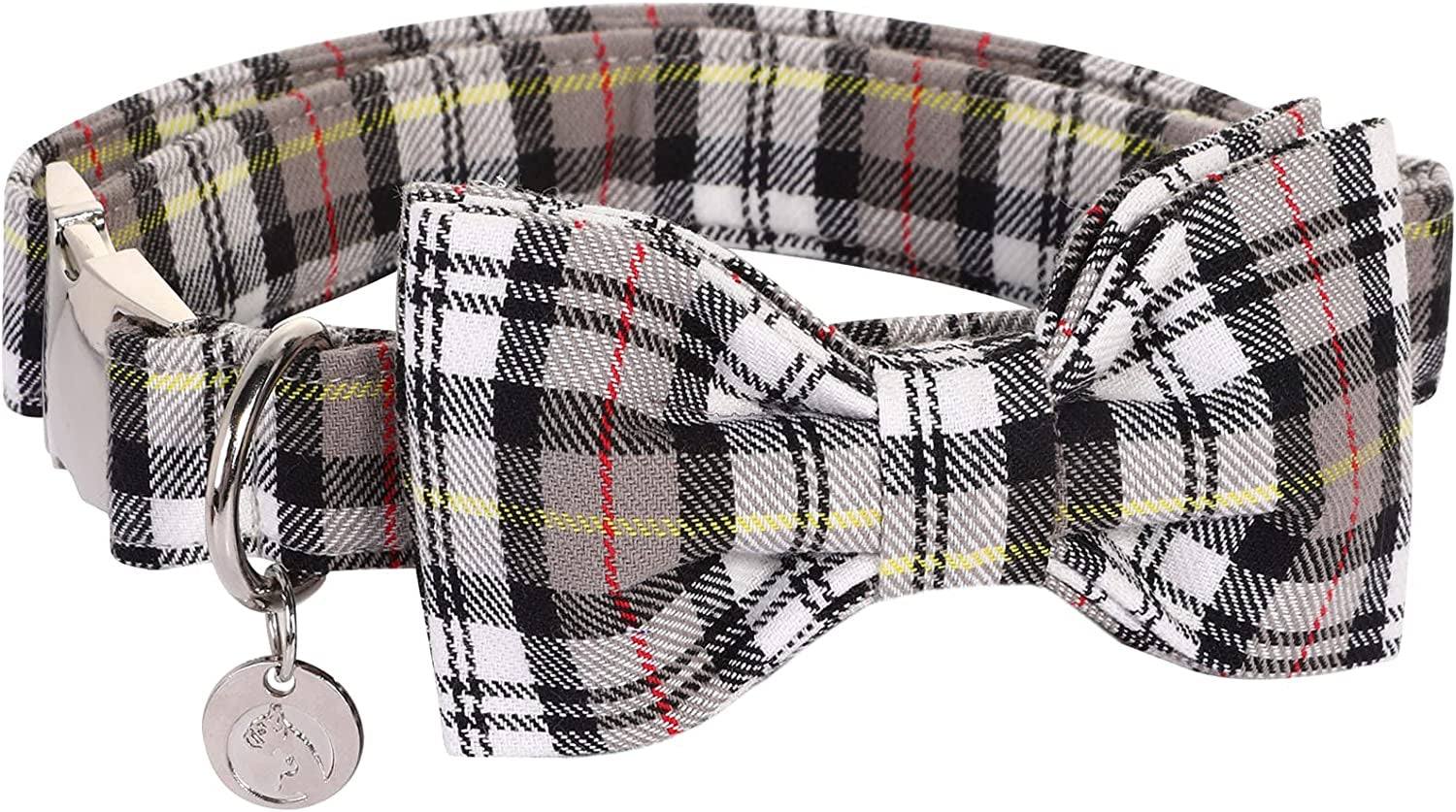 DOGWONG Cotton Dog Collar with Bow Tie, Christmas Dog Collar Red Santa Claus Durable Pet Collar Puppy Collar for Small Medium Large Dog Animals & Pet Supplies > Pet Supplies > Dog Supplies > Dog Apparel DOGWONG Grey Black Plaid Collar Bow S(Pack of 1) 