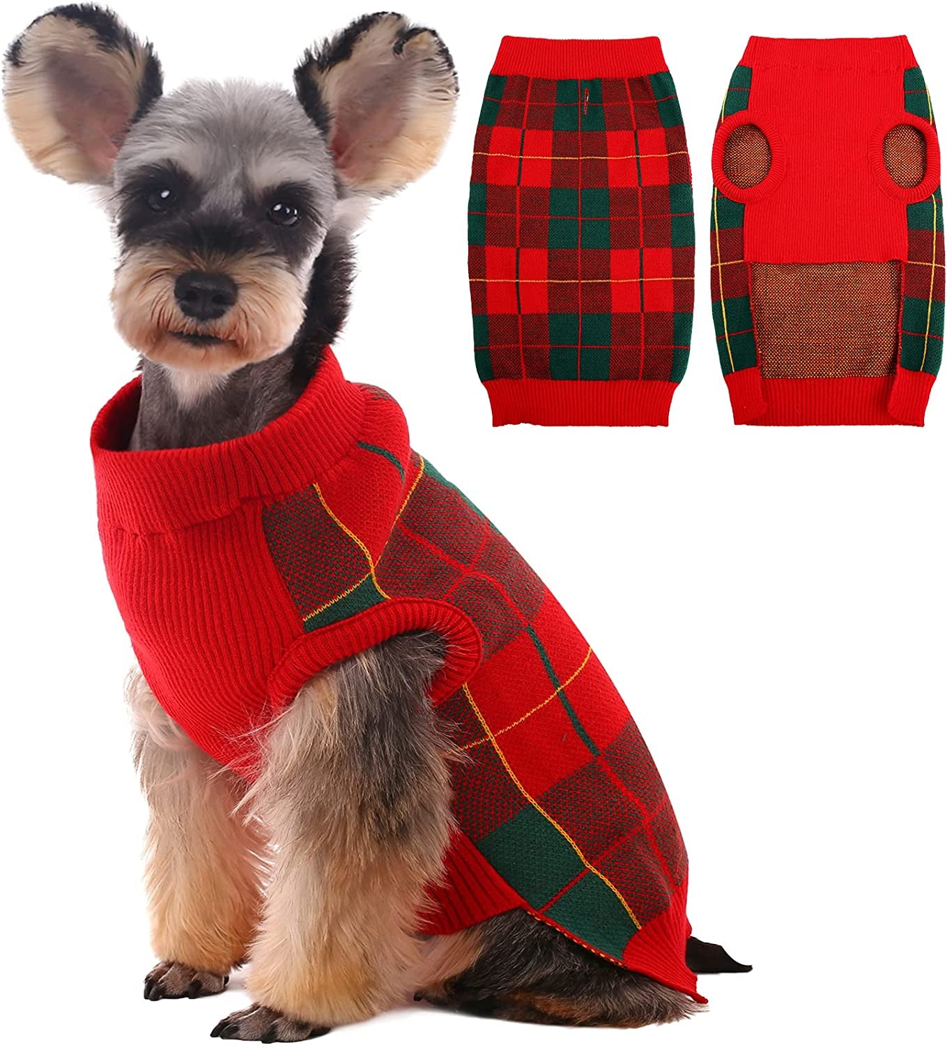 Kuoser Dog Sweater Pullover Knitwear, Dog Christmas Sweaters Classic Plaid Cable Knitted Wear, Dog Turtleneck Puppy Cold Weather Clothes for Small Medium Dogs Animals & Pet Supplies > Pet Supplies > Dog Supplies > Dog Apparel Kuoser Red+Green X-Small (Pack of 1) 