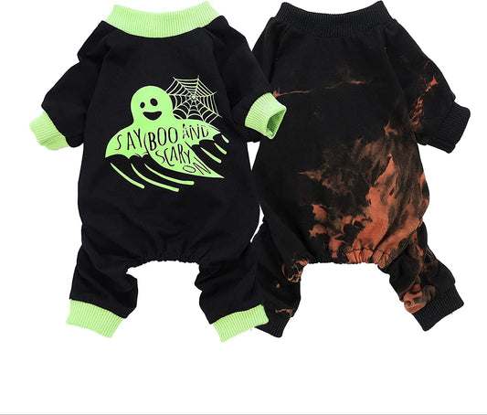 Fitwarm 2-Pack 100% Cotton Glow in the Dark Halloween Dog Costume Say Boo and Scary on Puppy Pajamas Tie Dye Pet Clothes Holiday Cat Onesie Party Doggie PJS Large Animals & Pet Supplies > Pet Supplies > Dog Supplies > Dog Apparel Fitwarm Black S 