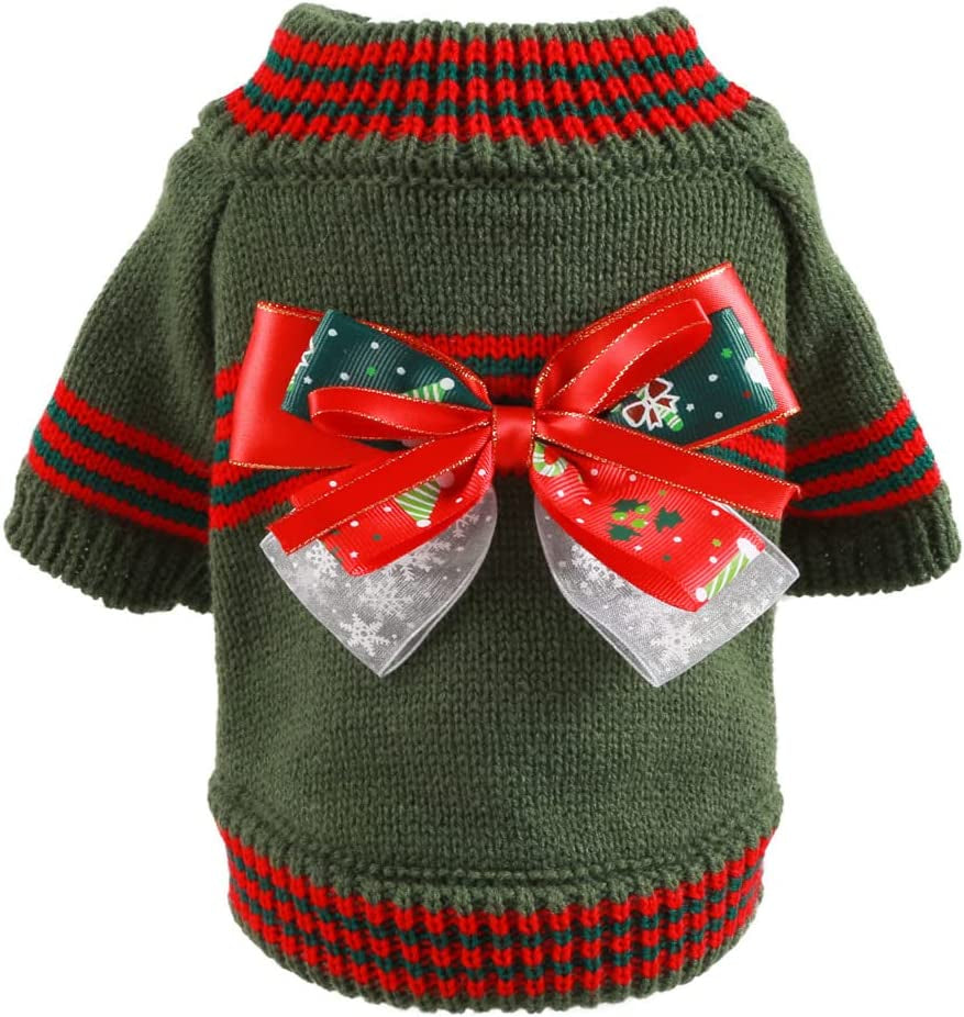 BAEJMJK Dog Christmas Sweater for Small Dogs Warm Puppy Bowknot Jumper Pet Cat Turtleneck Christmas Clothes for Fall Winter（Red,Small） Animals & Pet Supplies > Pet Supplies > Dog Supplies > Dog Apparel BAEJMJK Green X-Small 