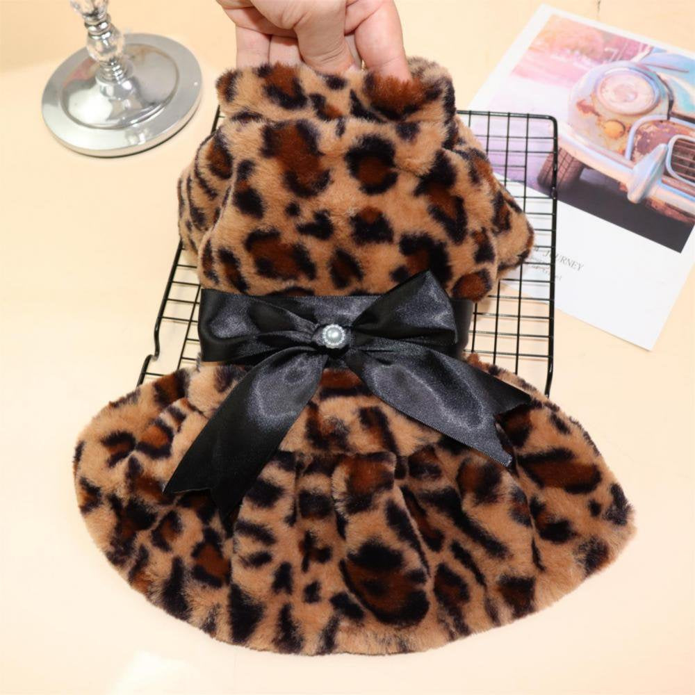 Hazel Tech Warm Pet Dog Dress Bowknot Leopard Dogs Skirt Fleece Soft for Small Puppy Dresses Pet Dog Cats Clothes Chihuahua Pug Apparel Animals & Pet Supplies > Pet Supplies > Cat Supplies > Cat Apparel Hazel Tech   