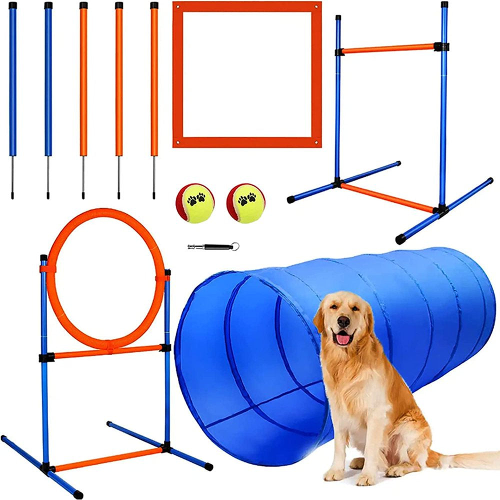 Bsyang Dog Agility Training Equipment, Dog Obstacle Course Training Starter Kit - Pet Outdoor Games with Tunnel, Weave Poles, Adjustable Hurdle, Jump Ring, Pause Box, Toys and Carrying Bag