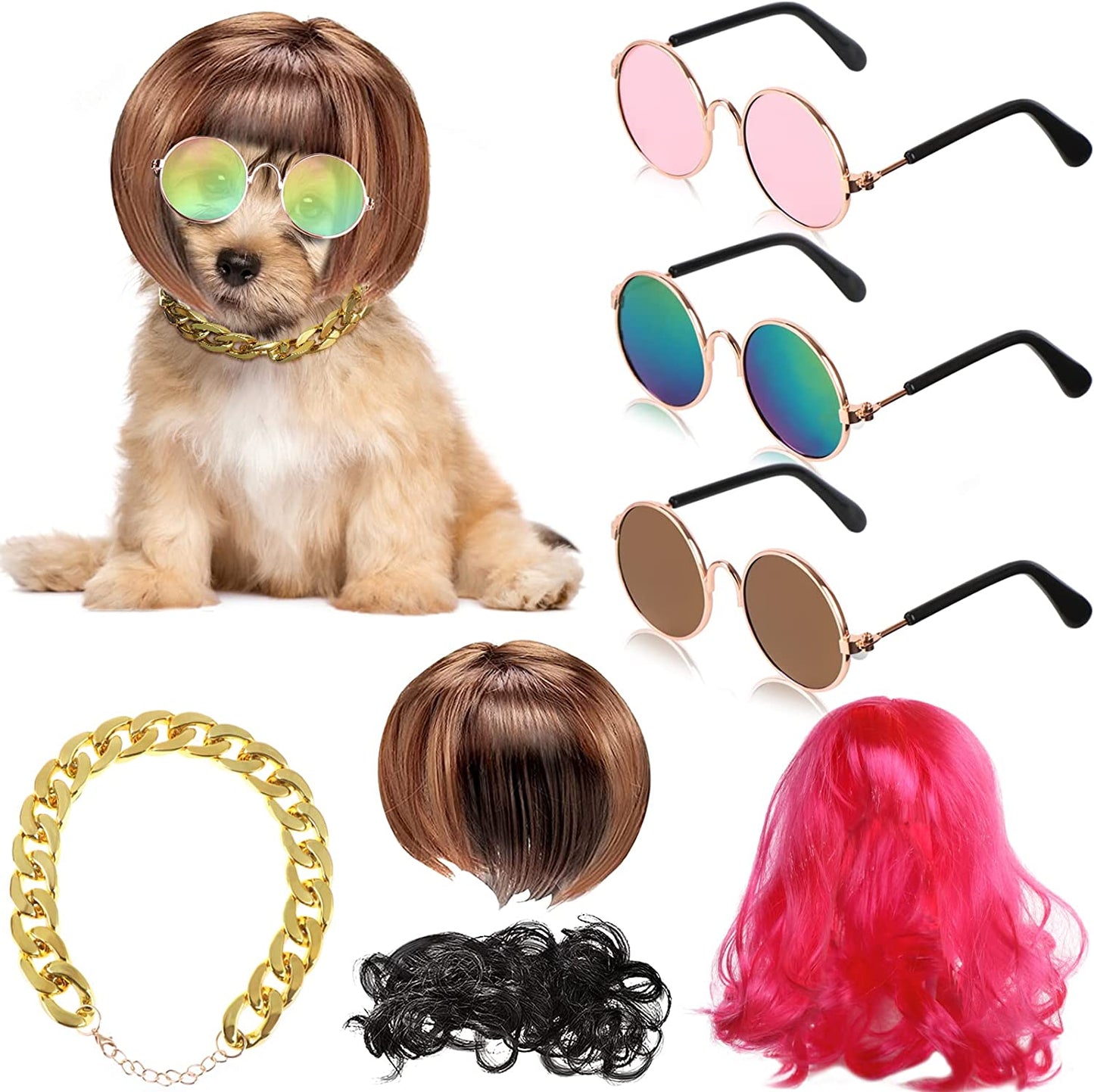 3 Pieces Dog Cosplay Wig, Cat Wigs, Dog Cosplay Costumes Accessories Include 3 Pieces Retro Pet round Sunglasses and 1 Pieces Dog Chain Necklace, Classic Funny Pet Accessories for Holiday Party Decor Animals & Pet Supplies > Pet Supplies > Dog Supplies > Dog Apparel LETA   