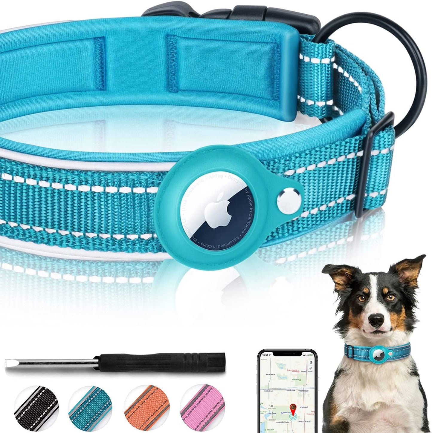 Reflective Airtag Dog Collar, FEEYAR Padded Apple Air Tag Dog Collar, Heavy Duty Dog Collar with Airtag Holder Case, Adjustable Air Tag Accessories Pet Collar for Small Medium Large Dogs Electronics > GPS Accessories > GPS Cases FEEYAR Teal XL（19"-22"） 