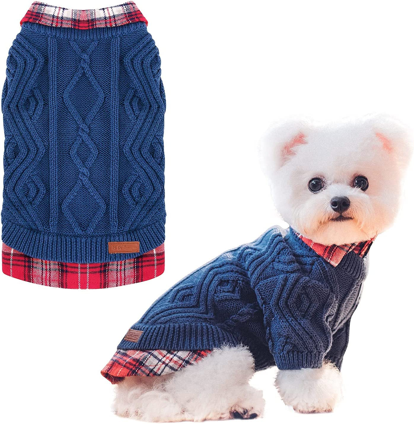 ISPET Classic Pet Dog Sweaters - Patchwork Knitted Dogs Sweatshirt Warm Cats Plaid Winter Clothes for Small Dogs Cold Days Wearing, Navy Blue Medium Animals & Pet Supplies > Pet Supplies > Dog Supplies > Dog Apparel IS PET DESIGNER PETWEAR Navy Blue 2X-Large(18.73 lb-23.71 lb) 