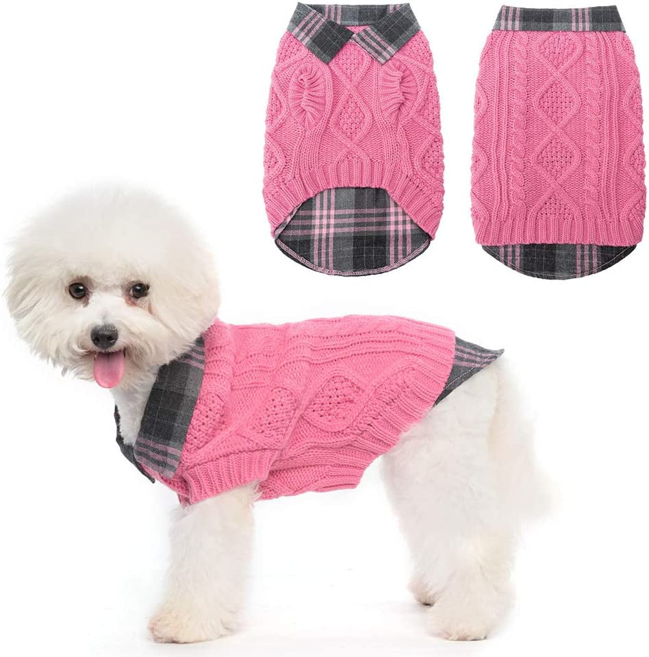 Warm Dog Sweater Winter Clothes - Plaid Patchwork Pet Doggy Knitted Sweaters Comfortable Coats for Cold Weather, Fit for Small Medium Large Dogs Animals & Pet Supplies > Pet Supplies > Dog Supplies > Dog Apparel Homimp Pink Small 