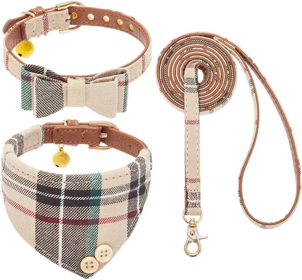 EXPAWLORER Dog Collar and Leash Set - Classic Plaid Dog Bow Tie and Dog Bandana Collar with Bell, Dog Leash Tangle Free, Adjustable Collars for Small Medium Large Dogs Cats, Holiday Ideal Gift Animals & Pet Supplies > Pet Supplies > Dog Supplies > Dog Apparel EXPAWLORER Beige Small-Medium 