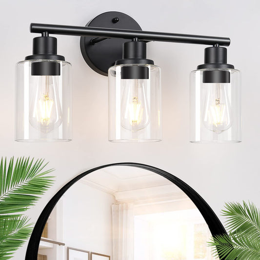 3-Light Bathroom Light Fixtures, Black Bathroom Wall Lights, Modern Bathroom Vanity Light with Clear Glass Shade, Bathroom Wall Lamp for Mirror Kitchen Bedroom Living Room Hallway Cabinet Porch Animals & Pet Supplies > Pet Supplies > Dog Supplies > Dog Apparel Zarbitta Matte Black  