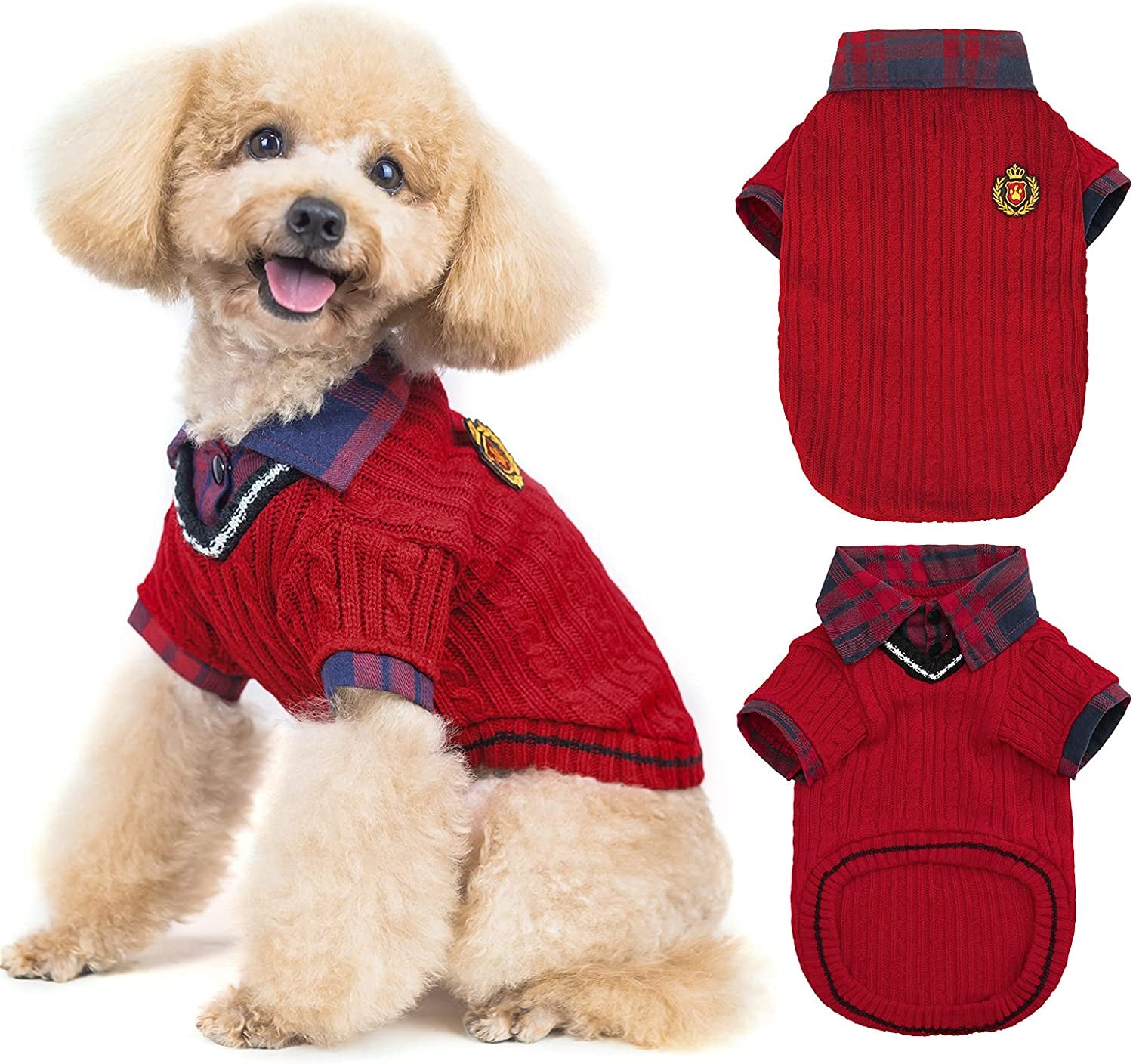 PUPTECK Soft Warm Dog Sweater Cute Knitted Dog Winter Clothes Classic Plaid Dog Coats for Cats Small Medium Puppy Dogs Animals & Pet Supplies > Pet Supplies > Dog Supplies > Dog Apparel PUPTECK Red M: chest girth: 22", back length: 16" 