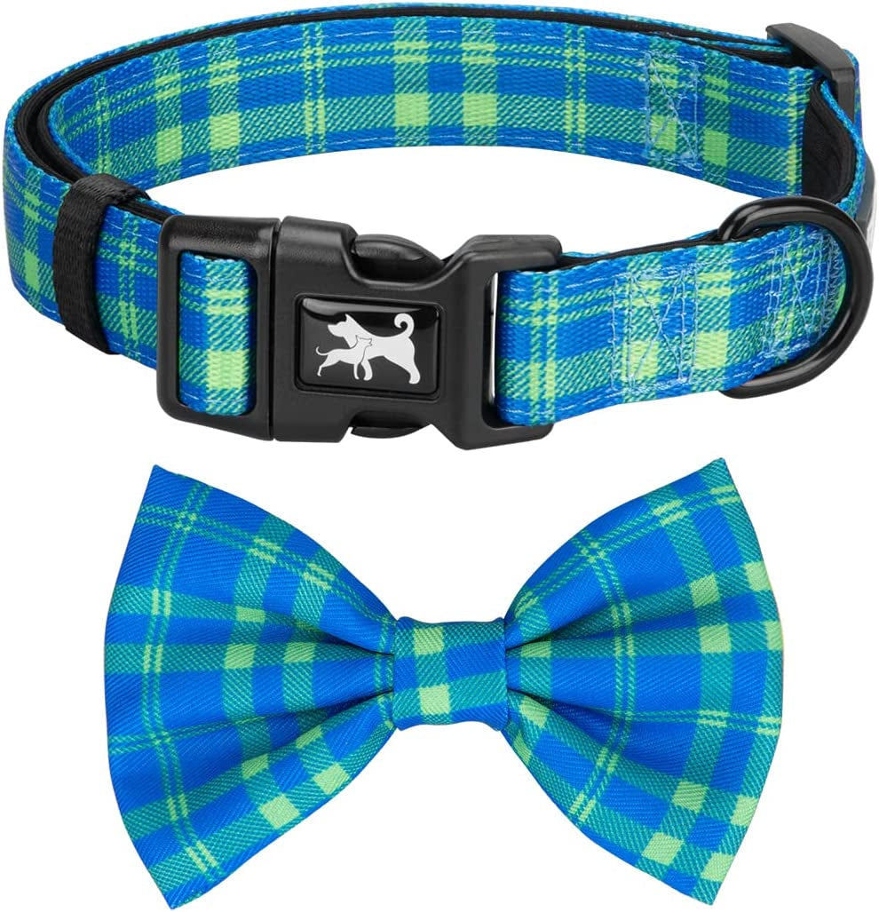 Poypet Plaid Dog Collar Bow Tie Set - Cute Adjustable Soft for Small Puppy (Checkered Beige,S) Animals & Pet Supplies > Pet Supplies > Dog Supplies > Dog Apparel PoyPet Checkered Blue & Green S(Pack of 1) 