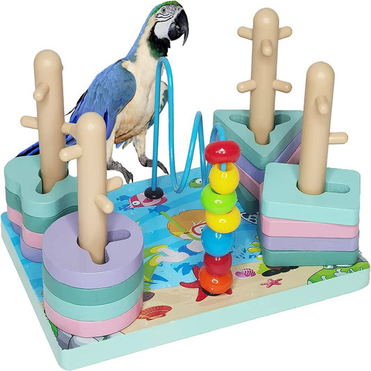 Bird Wooden Block Puzzle Toy Parrot Trainingintelligence Toy Parakeet Perch Gym Playpen Stacking Rings Toy Mini Parrot Blocks Balls for Macaw Cockatile Cockatoos and Other Birds
