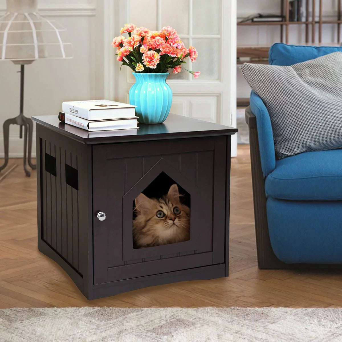 SHICHENG Decorative Cat House & Side Table - Cat Home Covered Nightstand - Indoor Pet Crate - Litter Box Enclosure - Hooded Hidden Pet Box - Cats Furniture Cabinet - Kitty Washroom