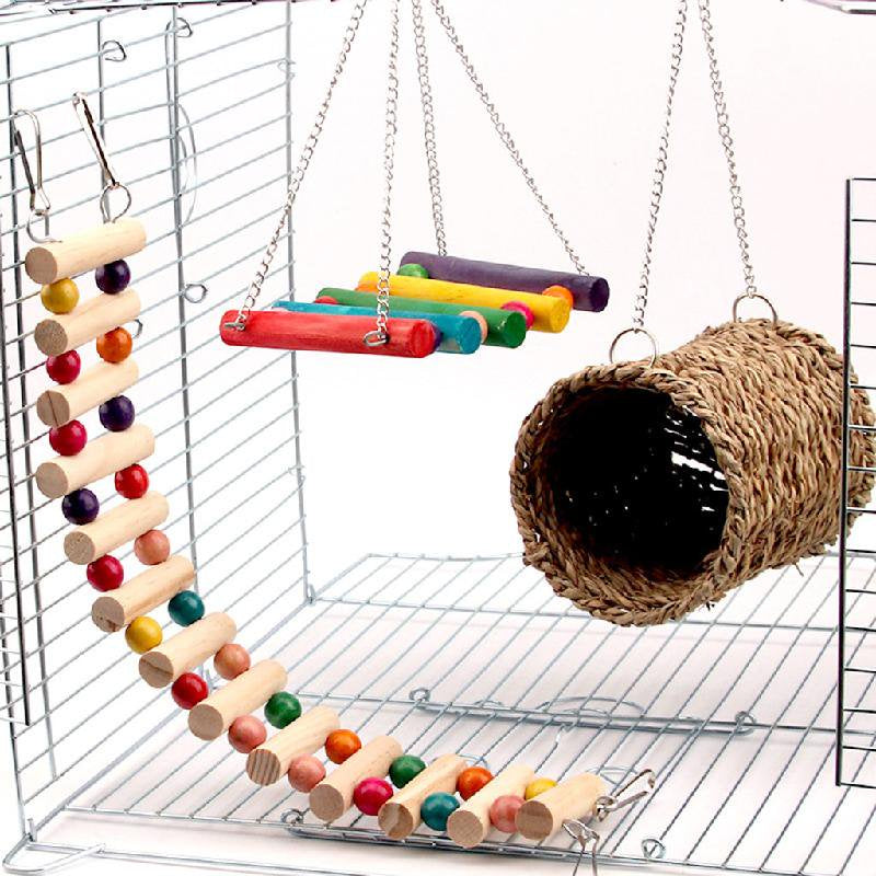 TONKBEEY Bird Nest Hut Swing Wood Ladder Small Animals House Pet Cage Habitats Decor Animals & Pet Supplies > Pet Supplies > Small Animal Supplies > Small Animal Habitats & Cages TONKBEEY   