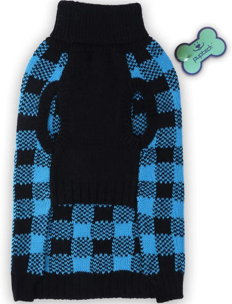 PUPTECK Dog Sweater Plaid Pet Cat Winter Knitwear Warm Clothes Blue & Black Extra Small Animals & Pet Supplies > Pet Supplies > Dog Supplies > Dog Apparel Beibao   