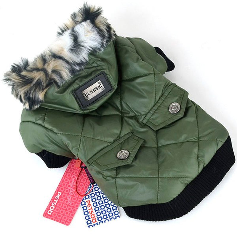 VICOODA Puppy Fur Hooded Jacket with Pocket, Pet Dog Windproof Pullover Coat Winter Warm down Jacket Cotton-Padded Costume for Medium Small Doggy Cat Puppy Apparel,Army Green,Xs Animals & Pet Supplies > Pet Supplies > Cat Supplies > Cat Apparel Vicooda   
