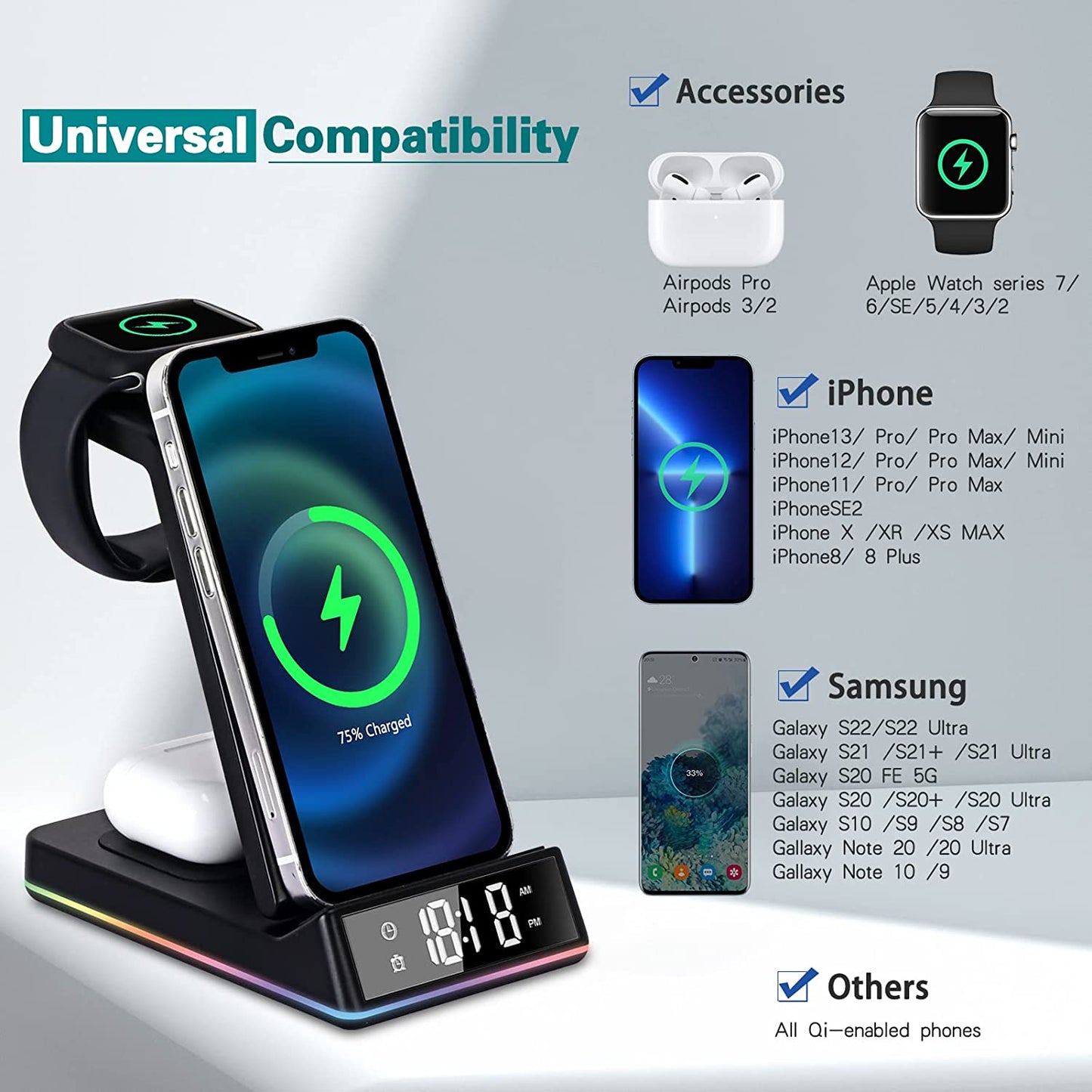 FYY Wireless Charger,5 in 1 Foldable QI Fast Wireless Charging Station Compatible with Iphone 13/12/11 Pro Max/Xs Max/Xr/Xs/X/8/Se,Iwatch Series 7/6/5/4/3/2/Se,Airpods Pro/3/2 - Black