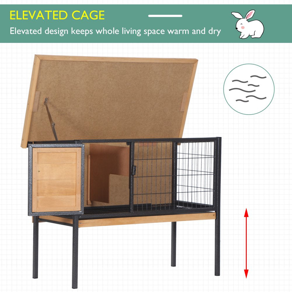 Pawhut Wooden Pet House Elevated Rabbit Hutch Bunny Cage Small Animal Habitat with Slide-Out Tray Lockable Door Openable Top Water-Resistant Asphalt Roof for Outdoor 36" X 17.75" X 27.5" Natural Wood