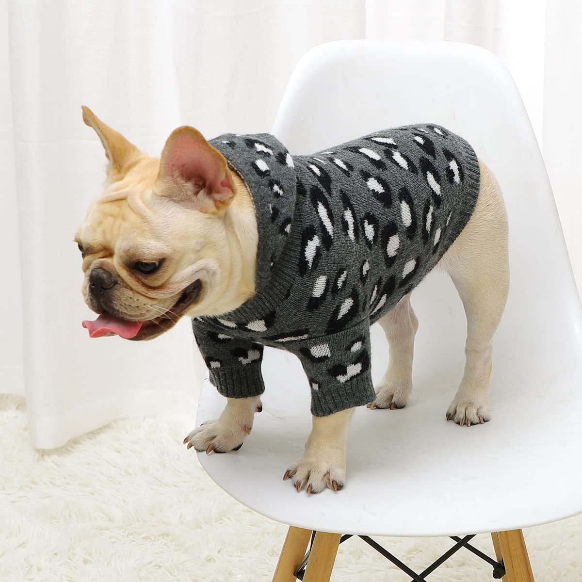 Fyzeg Dog Sweater Leopard Pattern Dog Hoodie Knitwear Sweater with Hat Winter Warm Pet Clothes of Kitten Puppy (Gray, Medium) Animals & Pet Supplies > Pet Supplies > Dog Supplies > Dog Apparel Fyzeg   