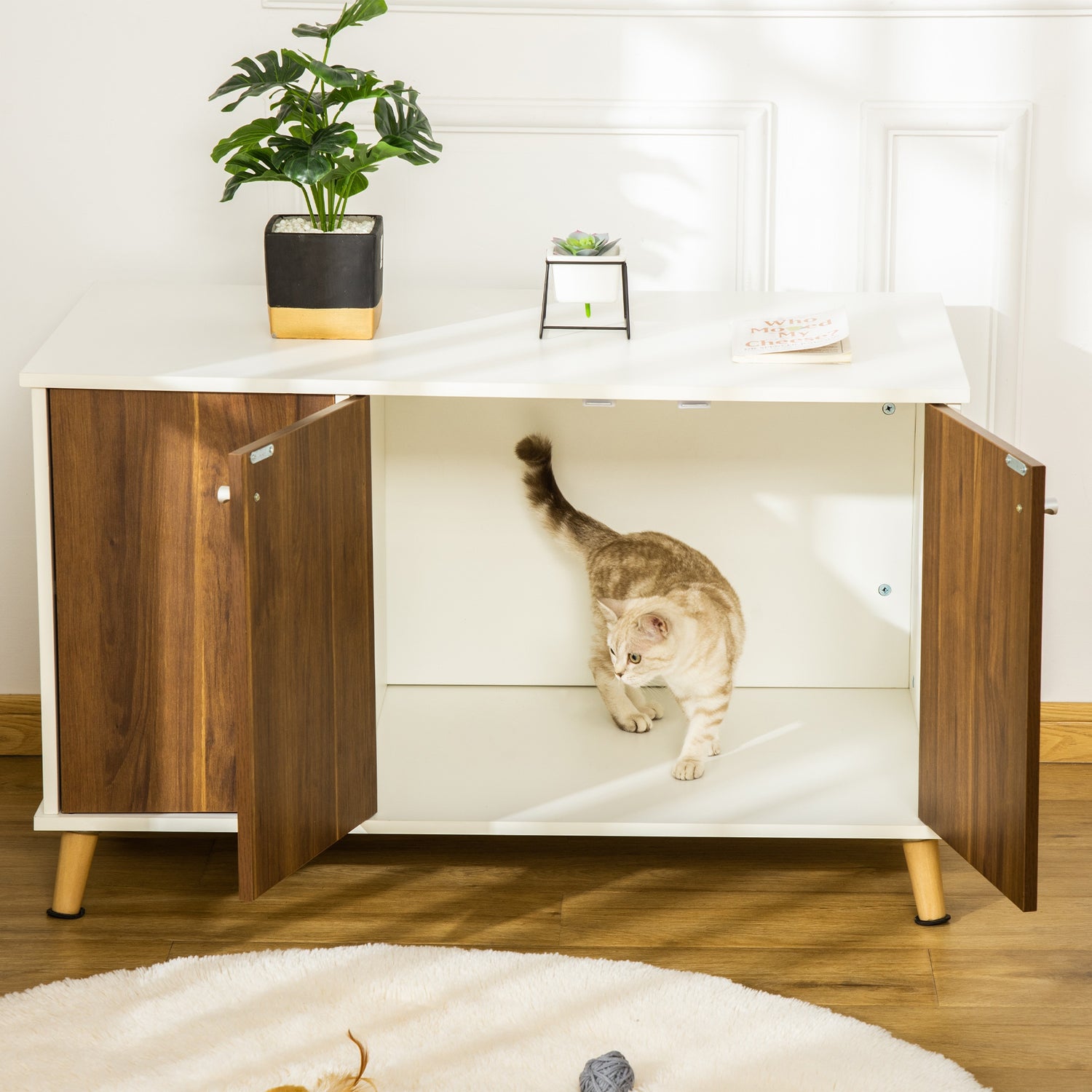 Cat Litter Box Enclosure Hidden Cat Furniture W/ Adjustable Shelf Magnetic Door