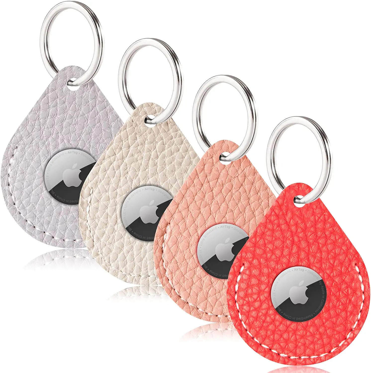 FOREVERFLYBIRD 4 Pack Airtag Holder Leather Case Air Tag Cover Keychain GPS Tracker Remote Finder Key Travel Backpack Pet Locator,Grey,White,Pink,Red