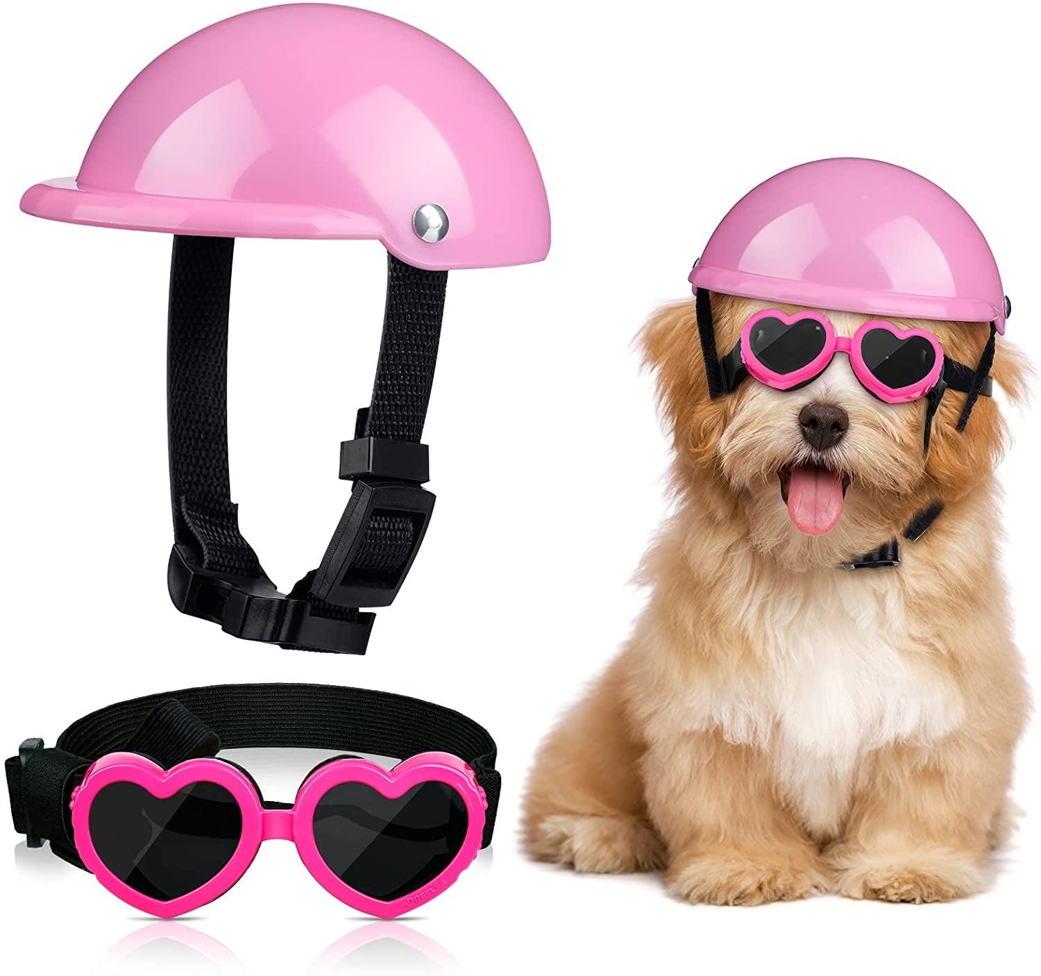 Xuniea 2 Pieces Small Dog Helmet and Goggles Puppy Sunglasses UV Protection PET Helmet with Adjustable Belt Dog Motorcycle Hard Animals & Pet Supplies > Pet Supplies > Dog Supplies > Dog Apparel Xuniea Pink  