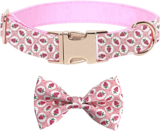 Wondrella Strawberry Printed Leather Dog Collar, Adorable Dog Collar with Bow, Adjustable Leather Dog Collar Bow Tie with Metal Buckle for Small Medium Large and Boy Girl Dogs M Animals & Pet Supplies > Pet Supplies > Dog Supplies > Dog Apparel Wondrella S  