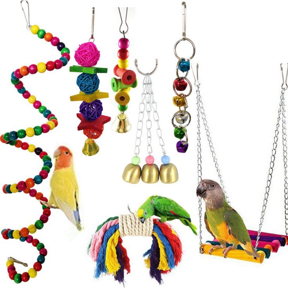 7PCS Bird Toy Kit Chewing Parrot Toys Swing Bells Hanging Bridge Wooden Standing Training Tool Random Color
