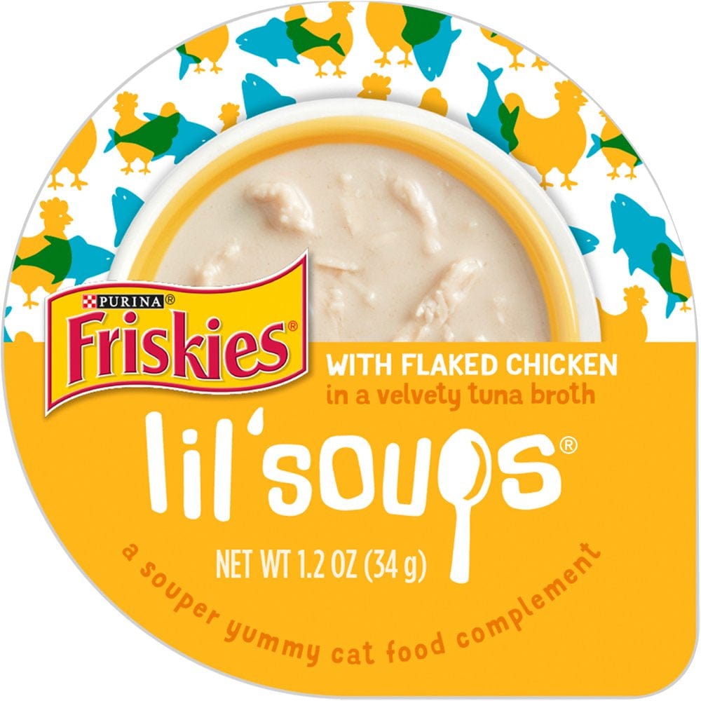 (8 Pack) Friskies Natural, Grain Free Wet Cat Food Complement, Lil' Soups with Tuna in Chicken Broth, 1.2 Oz. Cups Animals & Pet Supplies > Pet Supplies > Cat Supplies > Cat Treats Nestlé Purina PetCare Company Flaked Chicken in a Velvety Tuna Broth 8 