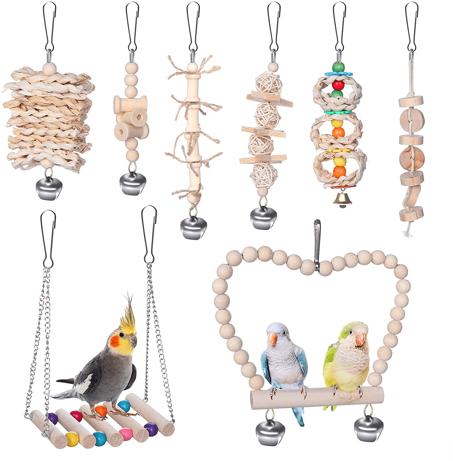 8 Packs Bird Swing Chewing Toys, Parrots Toys Bird Cage Toys Set Hammock Bell Swing Ladder Perch Chewing Toys for Smaller Birds Animals & Pet Supplies > Pet Supplies > Bird Supplies > Bird Ladders & Perches LOCOLO   