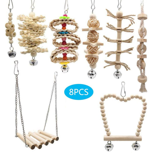 8 Pieces Bird Toys Set Parrot Swing Ladder Chewing Toy Hanging Hammock Perch with Bells for Conure Finch Mynah Lovebird Animals & Pet Supplies > Pet Supplies > Bird Supplies > Bird Ladders & Perches CHANCELAND   