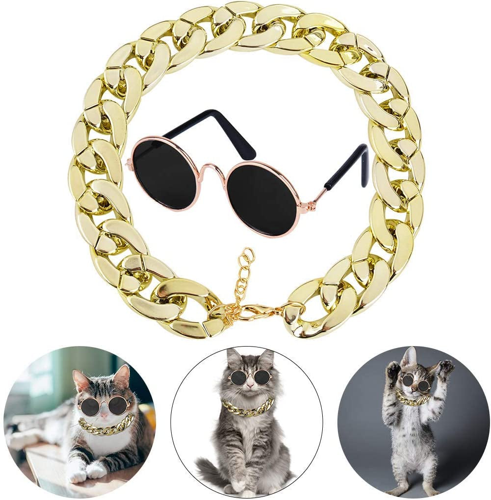 Legendog Glasses for Cats, 2Pcs Cat Glasses Cat Gold Chain and Cat Sunglasses, Fashion Cool Pet Sunglasses Adjustable Pet Gold Chain Set for Cats and Small Dogs Animals & Pet Supplies > Pet Supplies > Dog Supplies > Dog Apparel Legendog   