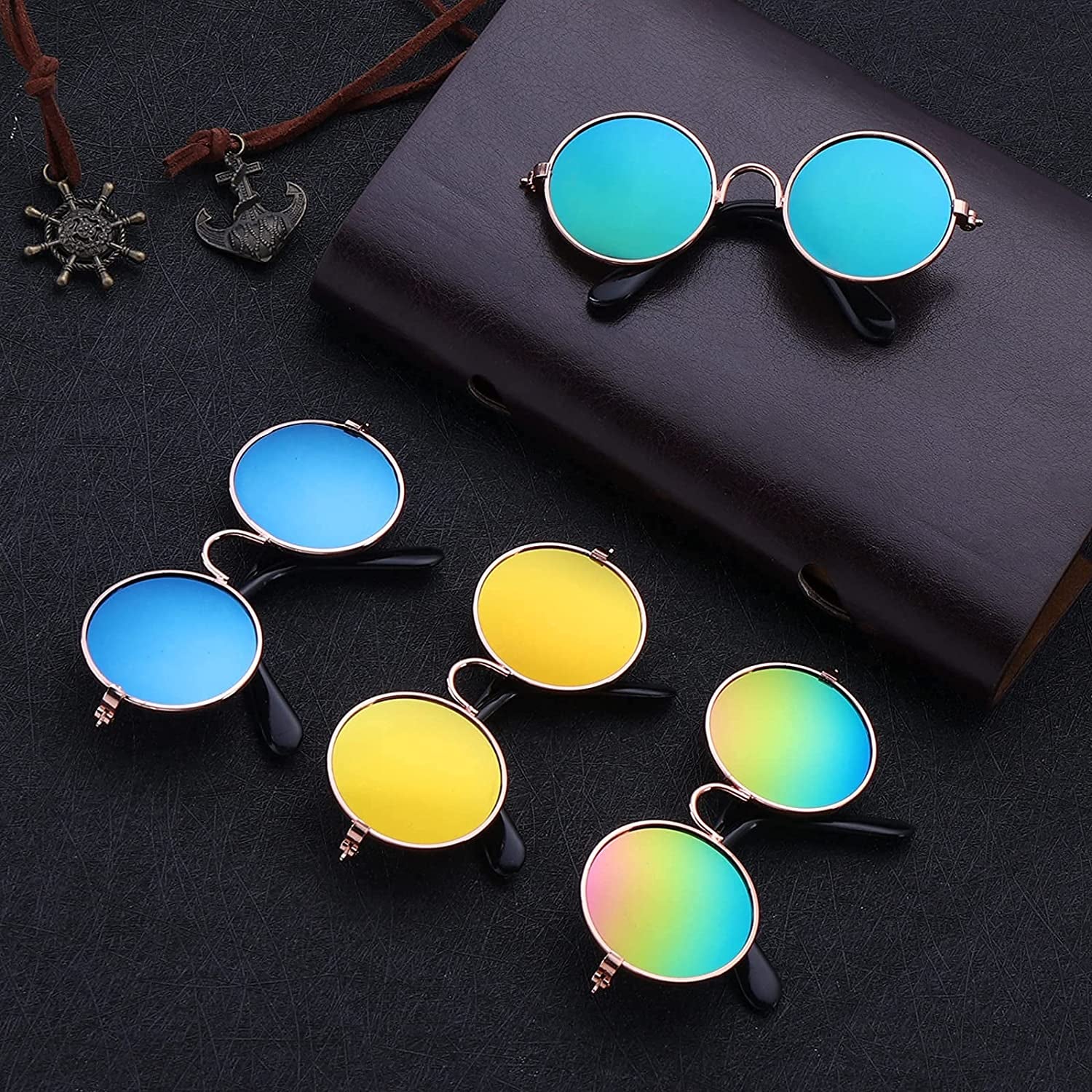 Molain Pet Sunglasses- Cat UV Protection Classic Retro Small Dog Sun Glasses Dolls round Sunglasses Party Cosplay Costume Photo Props Cute Funny Sunglasses (4Pcs) Animals & Pet Supplies > Pet Supplies > Dog Supplies > Dog Apparel Molain   